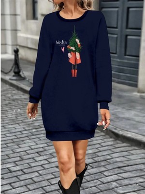 Marsilyan- Kadın Uzun Kollu Bisiklet Yaka Desenli Kısa Viskon Iki Iplik Elbise