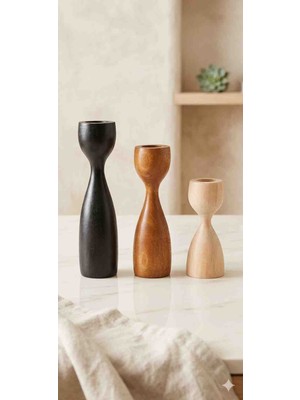 Han Ahşap 3'lü Ahşap Şamdan Seti Siyah - Tik - Doğal Ahşap | Dekoratif Mumluk Takımı | 17,5 cm - 15 cm - 11 cm