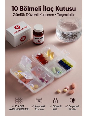Genchome Homeware 10 Bölmeli Ilaç Kutusu | Günlük Hap Düzenleyici, Taşınabilir Tablet Organizer