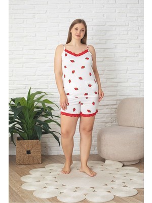 Asel Büyük Beden Kalp Desen Şortlu Likralı Milan Kumaş Pijama Takım