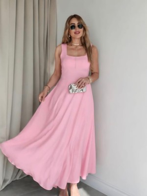Qimya Butik Buketli Kadın Belisabit Kuşaklı Kare Yaka Kalın Askılı Uzun Elbise