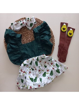 Mars Baby Kız Bebek Yeşil Avakado Desenli Salopet Bandana ve Kahverengi Figürlü Çorap Set