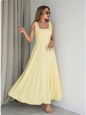 Qimya Butik Buketli Kadın Belisabit Kuşaklı Kare Yaka Kalın Askılı Uzun Elbise