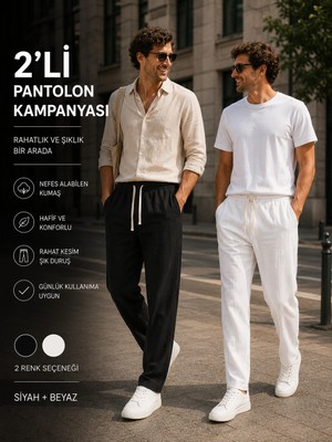 Danger Erkek 2'li Baggy Pantolon Siyah Ekru %100 Pamuk Keten Görünümlü Lastikli Bel Rahat Kalıp Pantolon 1009DNGR