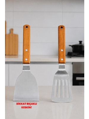 Destpak 2 Adet Japon Spatula Seti - Delikli ve Bıçaklı - Profesyonel 304 Kalite - Ahşap Akasya Saplı - Dekoratif