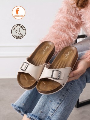 Albishoes Kadın Tokalı Rahat Taban Günlük Kadın Terlik Misafir Dışarı Anatomik Günlük Kadın Terlik