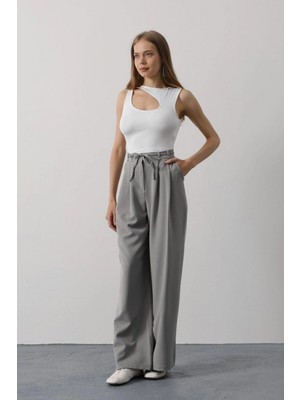 Marsilyan- Pileli Bağcıklı Oversize Pantolon - Gri