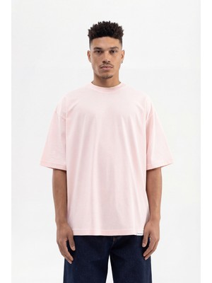 Machinist Erkek Basic Pamuklu Super Oversize Tişört Toz Pembe