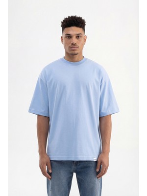 Machinist Erkek Basic Pamuklu Super Oversize Tişört Bebe Mavi