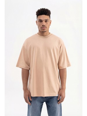 Machinist Erkek Basic Pamuklu Super Oversize Tişört Vizon
