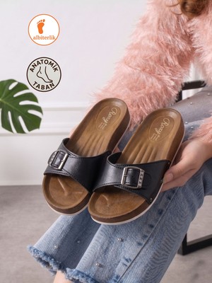 Albishoes Kadın Tokalı Rahat Taban Günlük Kadın Terlik Misafir Dışarı Anatomik Günlük Kadın Terlik