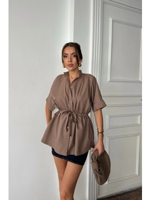 Marsilyan- Bel Büzgü Detaylı Poplin Gömlek - Kahverengi