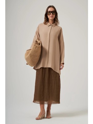 Nuss 3001 Asimetrik Kesim Gizli Patlı Gömlek - Latte