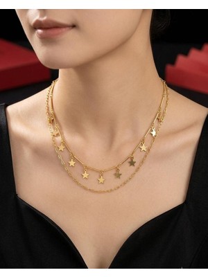 Melisa Takı & Aksesuar 14K Çelik Gold Renk Iki Zincirli Kolye