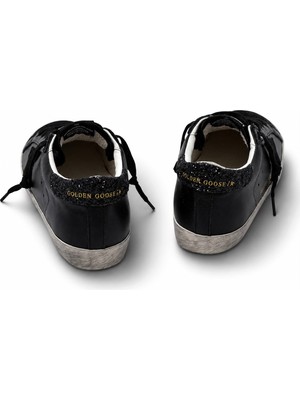 Globalux Golden Goose Super-Star Black Leather - Black Glitter Heel - Kadın - Günlük - Sneaker