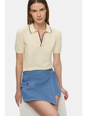 Sasha Kemik Rengi Polo Yaka Triko Nakışlı Standard Fit Kadın Tshirt
