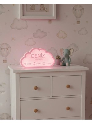 3Dikili Design Kişiye Özel Işıklı Bebek Doğum Panosu - Bulut Tasarımlı LED Gece Lambası - Yeni Doğan Hediyesi