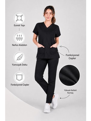 Stilmed Stılmed Üniforma Siyah Hemşire ve Doktor Forması Scrubs Takımı Likralı Alt Üst Üniforma Unisex Yarasa Kol