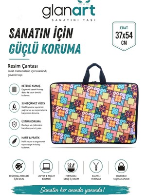 Glanart Askılı, Fermuarlı 35X50 Resim Çantası Su Geçirmez Ketenli Kumaş 37x54 cm Proje Çantası Ekoseli