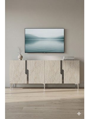 Ceneyra KA1528BTS Evva Konsol ve Tv Sehpası Beyaz-Traverten-Silver 150CM