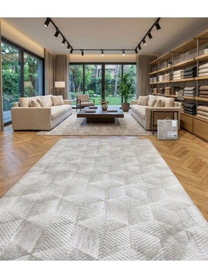 Dinarsu Yıkanabilir Kaymaz Taban Gümüş Gri Geometrik Modern Halı
