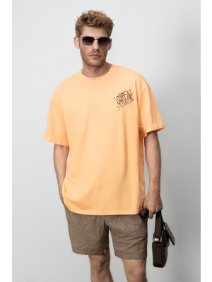Grimelange Alonzo Erkek Oversize Fit %100 Pamuk Nakışlı ve Baskılı Turuncu T-Shirt