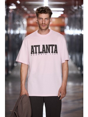 Grimelange Atlanta Erkek %100 Pamuklu Kısa Kollu Baskı Detaylı Koyu Pembe T-Shirt