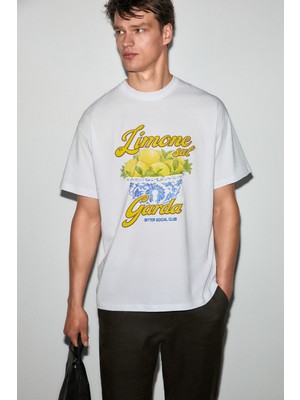 Grimelange Guardıano Erkek %100 Organik Pamuklu Baskı Detaylı Rahat Kalıp Beyaz T-Shirt