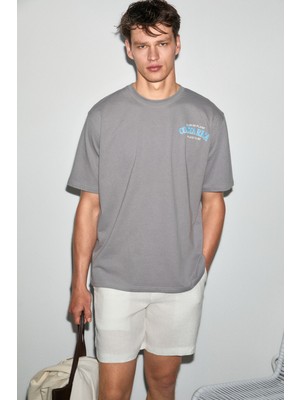 Grimelange Farıd Erkek %100 Organik Pamuklu Baskı Detaylı Yuvarlak Yaka Regular Fit Gri T-Shirt