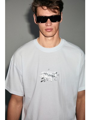 Grimelange Morges Erkek %100 Organik Pamuklu Yuvarlak Yakalı Silikon Baskı Detaylı Regular Beyaz T-Shirt
