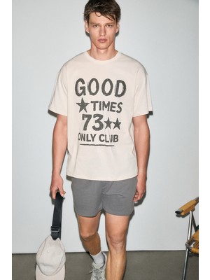 Grimelange Parlante Erkek %100 Organik Pamuklu Yuvarlak Yakalı Baskı Detaylı Vanilya T-Shirt
