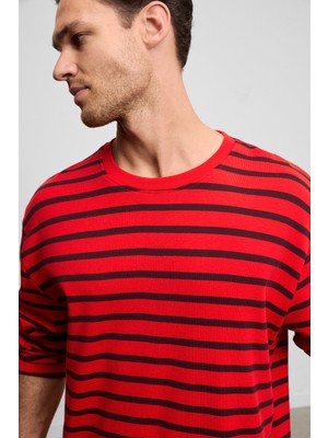Grimelange Vıgos Erkek %100 Organik Pamuklu Yuvarlak Yakalı Regular Fit Uzun Kollu Kırmızı Çizgili T-Shirt