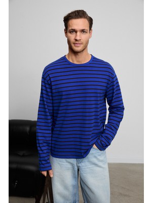 Grimelange Vıgos Erkek %100 Organik Pamuklu Yuvarlak Yakalı Regular Fit Uzun Kollu Mavi Çizgili T-Shirt