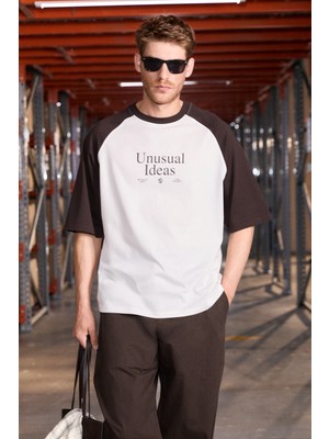 Grimelange Pımba Erkek %100 Organik Pamuklu Yakası ve Kolları Kontrast Renkli Ekru/kahverengi T-Shirt