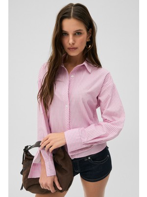 Grimelange Medea Kadın Slim Fit %100 Organik Pamuklu Kahverengi Çizgili Slim Fit Pembe Çizgili Gömlek