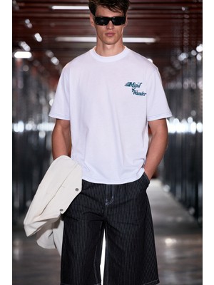Grimelange Farıd Erkek %100 Organik Pamuklu Baskı Detaylı Yuvarlak Yaka Regular Fit Beyaz T-Shirt