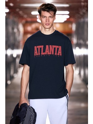 Grimelange Atlanta Erkek %100 Pamuklu Kısa Kollu Baskı Detaylı Lacivert T-Shirt
