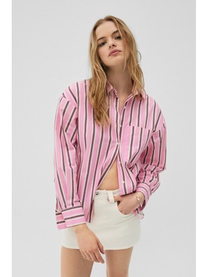 Grimelange Mırel Kadın Oversize Fit %100 Organik Pamuklu Pembe Çizgili Gömlek