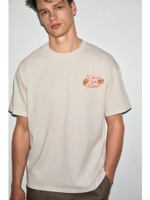 Grimelange Fılıero Erkek %100 Organik Pamuklu Baskı Detaylı Yuvarlak Yaka Regular Fit Vanilya T-Shirt