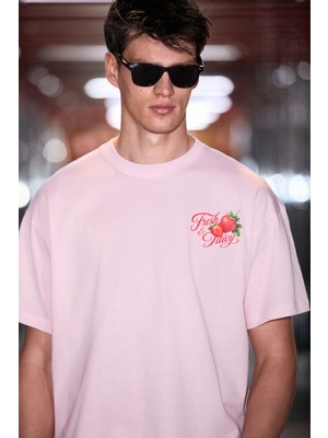 Grimelange Fılıero Erkek %100 Organik Pamuklu Baskı Detaylı Yuvarlak Yaka Regular Fit Pembe T-Shirt