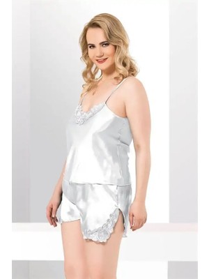 Yorpa Büyük Beden Beyaz Saten Babydoll Şort Takımı