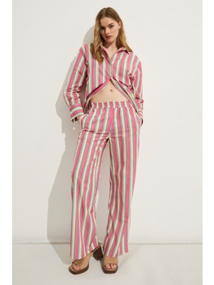Grimelange Bexley Kadın Regular Fit %100 Organik Pamuklu Pembe Çizgili Pantolon