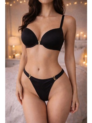Siyah Violet V Detaylı Balenli Destekli Push Up Sütyen Takımı