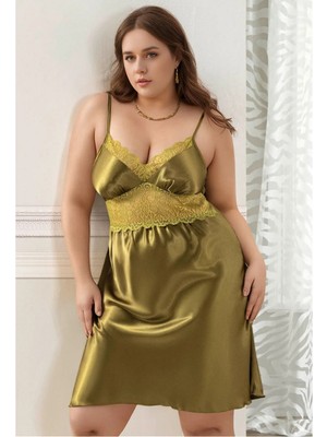 Fevien Kadın Haki Büyük Beden Saten Gecelik - Göğsü Güpürlü Plus Size Ev Giyimi