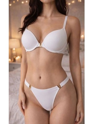 Beyaz Violet V Detaylı Balenli Destekli Push Up Sütyen Takımı