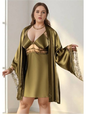 Fevien Büyük Beden Saten Gecelik Sabahlık Takımı - Haki Yeşili Dantel Detaylı 2'li Plus Size Set