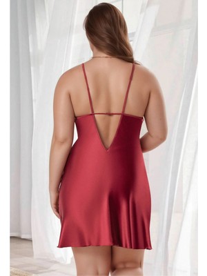 Fevien Büyük Beden Saten Gecelik - Bordo Nakış Işlemeli ve Fiyonk Detaylı Plus Size Gecelik