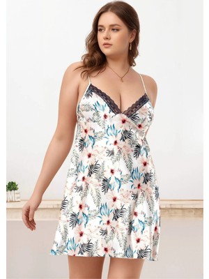 Fevien Büyük Beden Saten Gecelik - Tropikal Çiçek Desenli ve Sırt Dekolteli Plus Size Gecelik