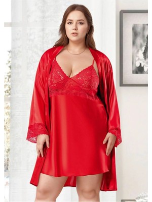 Fevien Büyük Beden Saten Gecelik Sabahlık Takımı - Kırmızı Dantelli 2'li Plus Size