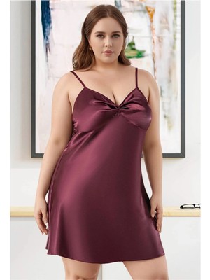 Fevien Kadın Mürdüm Büyük Beden Saten Gecelik - Şık V Yaka Plus Size Ev Giyimi